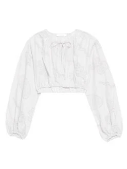 Frame Shirred Cropped Eyelet-Embroidered Blouse Terracotta