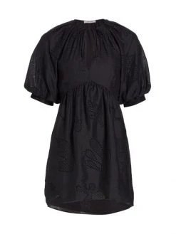 Frame Eyelet Puff-Sleeve Minidress Noir