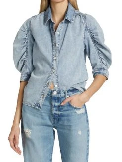 Frame Ruched Puff-Sleeve Denim Shirt -Frame Sales Store unnamed file 2131