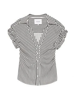 Frame Stripe Rolled-Sleeve Button-Down Top