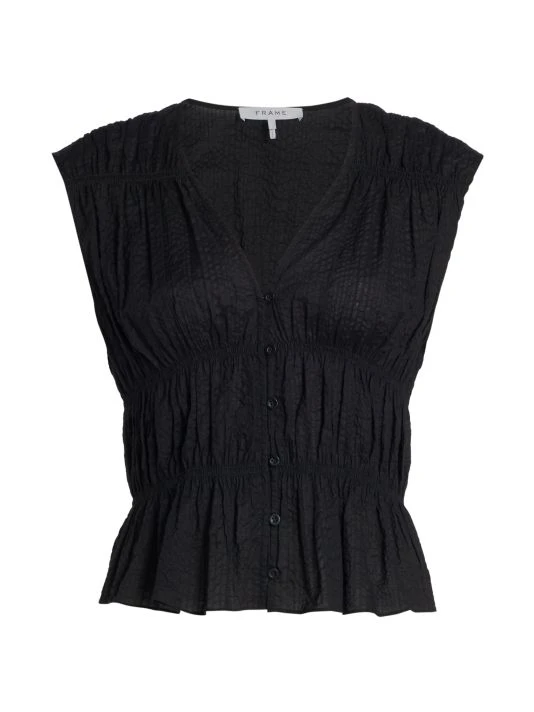 Frame Ruched V-Neck Cotton Blouse Noir 3 Frame Ruched V-Neck Cotton Blouse Noir