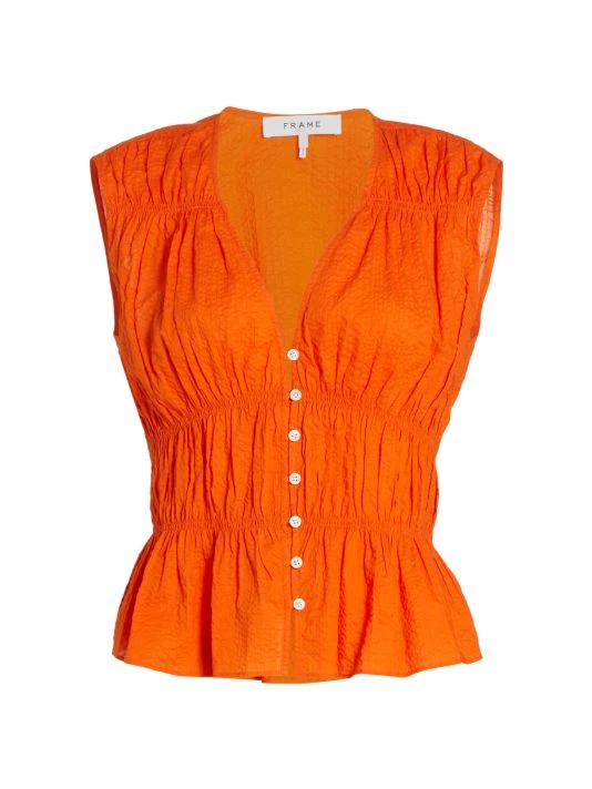 Frame Ruched V-Neck Cotton Blouse Noir 6 Frame Ruched V-Neck Cotton Blouse Noir - Image 4