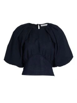 Frame Gathered Seam Puff-Sleeve Top Navy