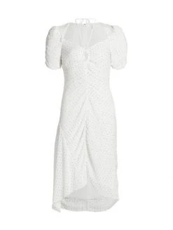 Frame Polka Dotted Gathered Keyhole Tie-Neck Dress