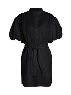 Frame Inset Lace Puff-Sleeve Minidress Black