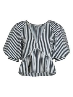 Frame Cropped Striped Puff-Sleeve Top